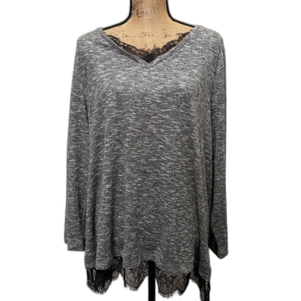 Catherines Lace Trim V-Neck Tunic Top Heather Gray Dark Femme Artsy Plus Size 1X